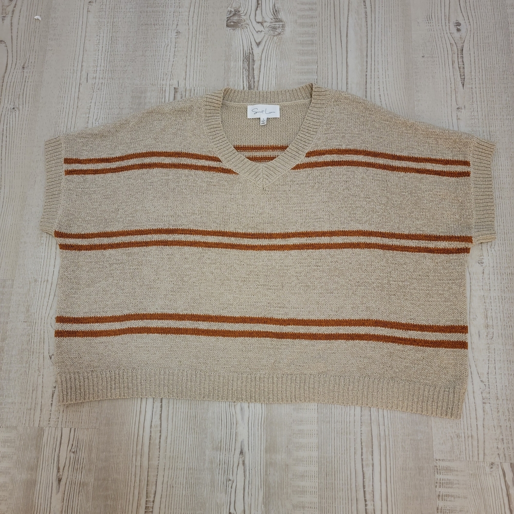 Sweet Lemon Striped V-Neck Short Sleeve Knit Sweater Beige and Rust Large Retro